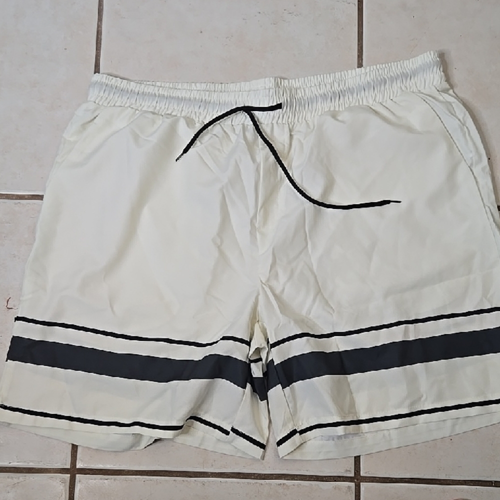 White Swim Shorts with Black Stripes